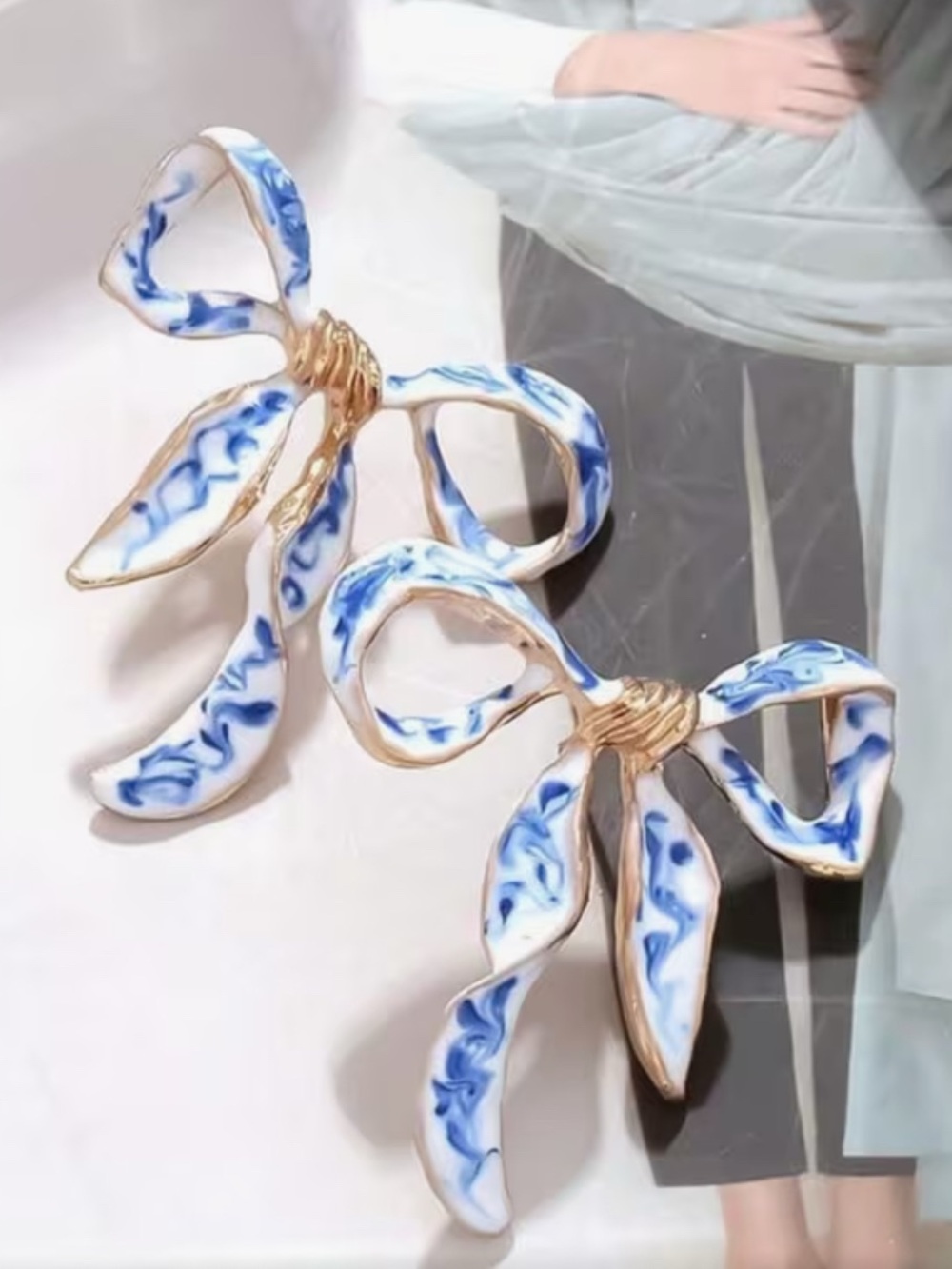 Blue and White Porcelain Bow Earrings - Women Jewelry